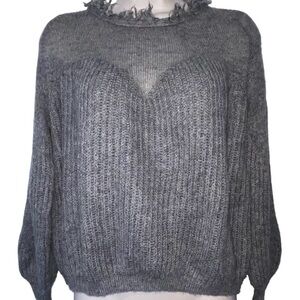 Half Sheer Gray Knit Sweater Top Sweetheart Neckline Acrylic Frayed Collar Med